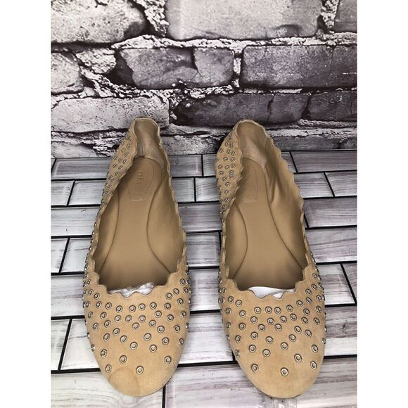 Chloe Beige Suede Leather Scalloped Perforated Stud Ballet Flats Women Sz 40EU/9 - Picture 4 of 16